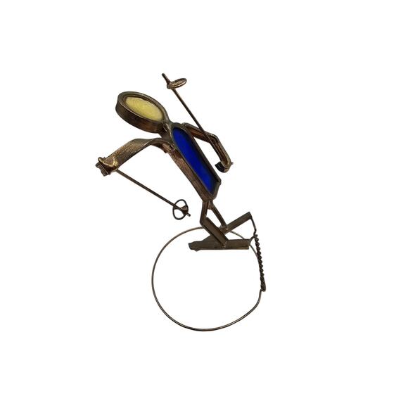 Vintage Handcrafted Welded Stained Glass Ski Skiing Man Mid Century Blue Yellow - Picture 3 of 5